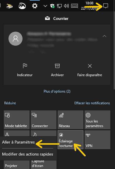 Centre de notification de Windows 10 - Éclairage nocturne - Paramètres -