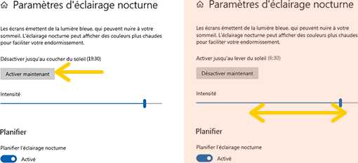 Parametres Affichage Windows 10 - Eclairage nocturne - Activer, ajuster Intensite eclairage noctune