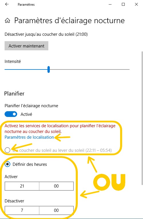 Parametres Affichage Windows 10 - Planifier Heures Eclairage nocturne
