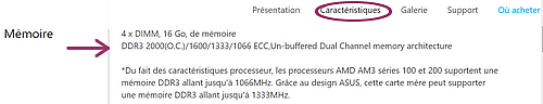 Exemple de fréquences RAM de la carte mère sur le site asus.com.