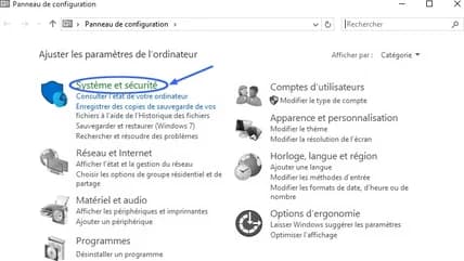 Panneau de configuration Windows, lien systeme et securite.