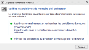 Boîte dialogue / Diagnostic de mémoire Windows.