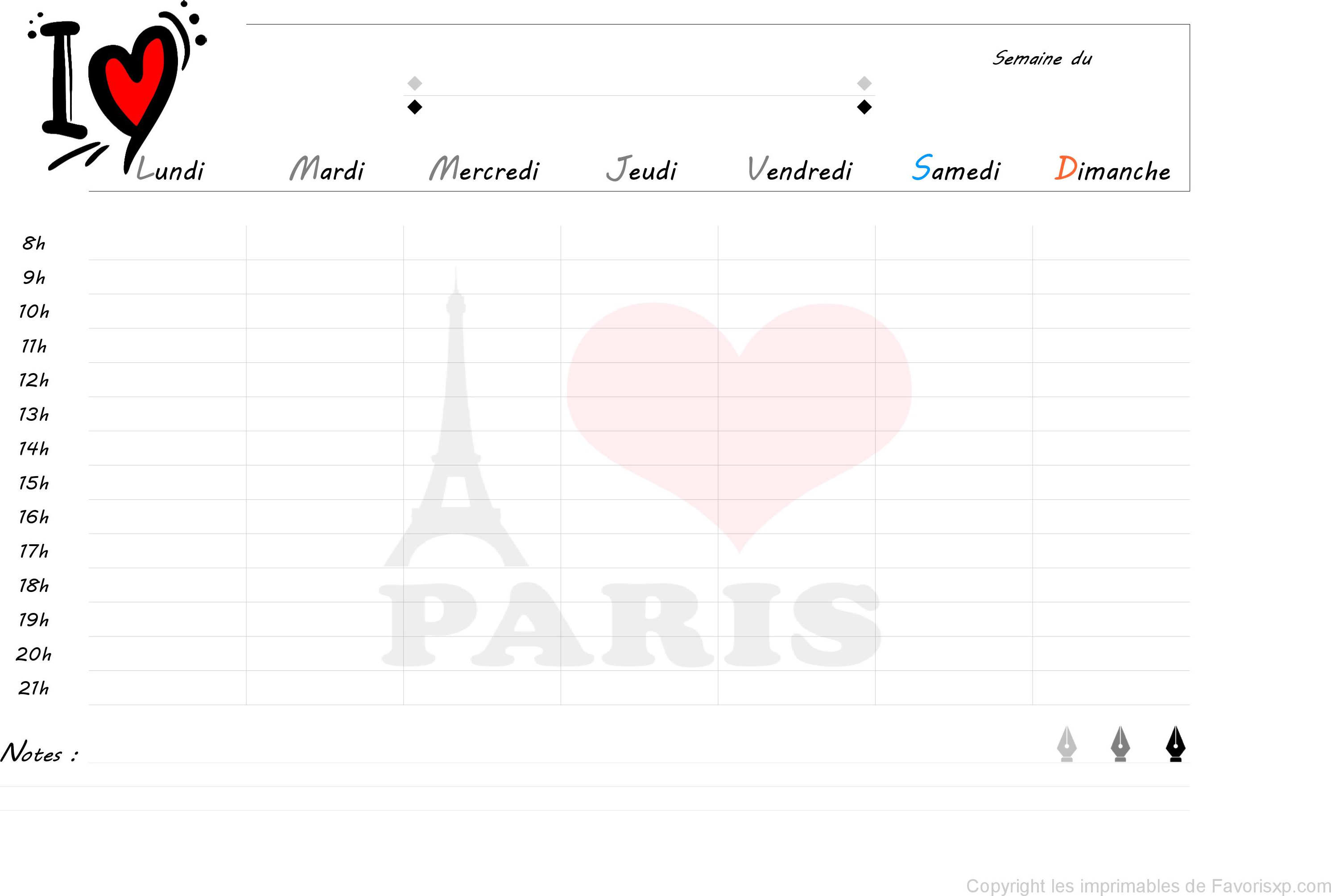 Agenda à imprimer, planning, calendrier, semainier