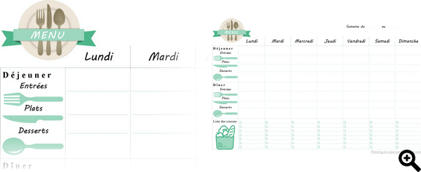 Menus de la semaine à imprimer - Modèles de planning PDF