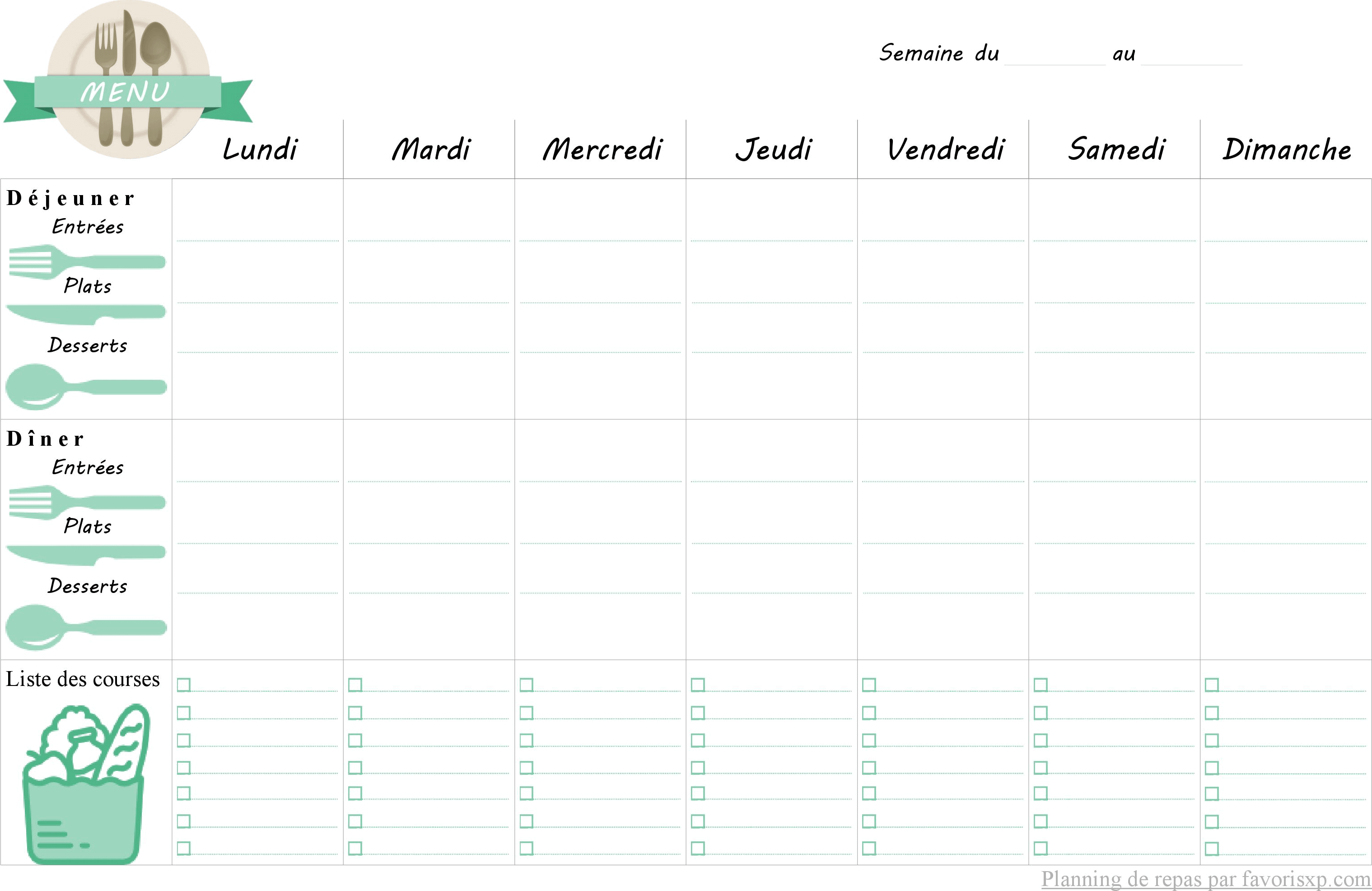 Semainier planning des menus de repas à imprimer