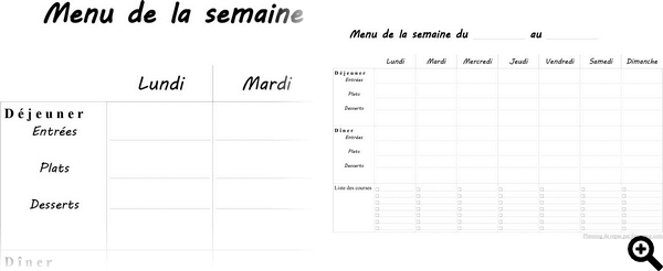 Menus hebdomadaires à imprimer - Planning vierge PDF & Excel