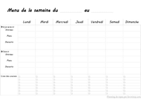 Planning n°3 des menus de la semaine à imprimer en mode paysage