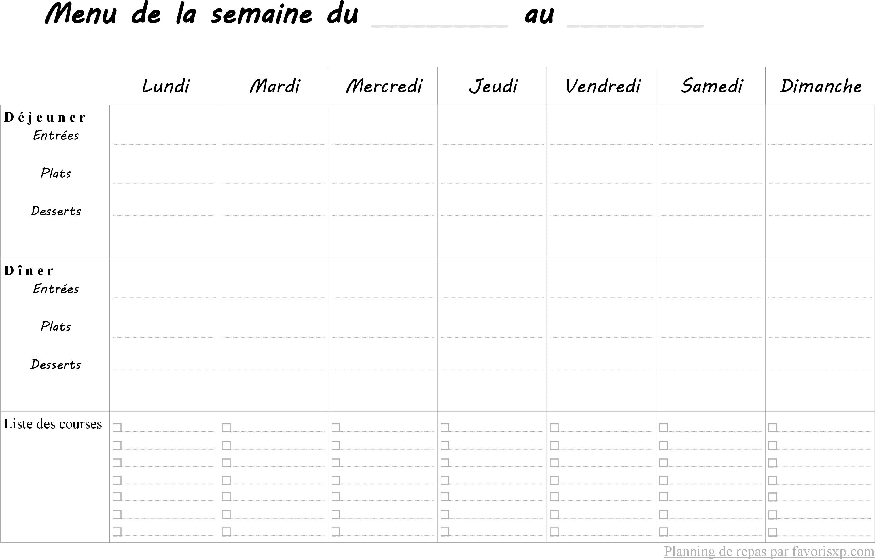 Planning Menus Repas Semaine Imprimer