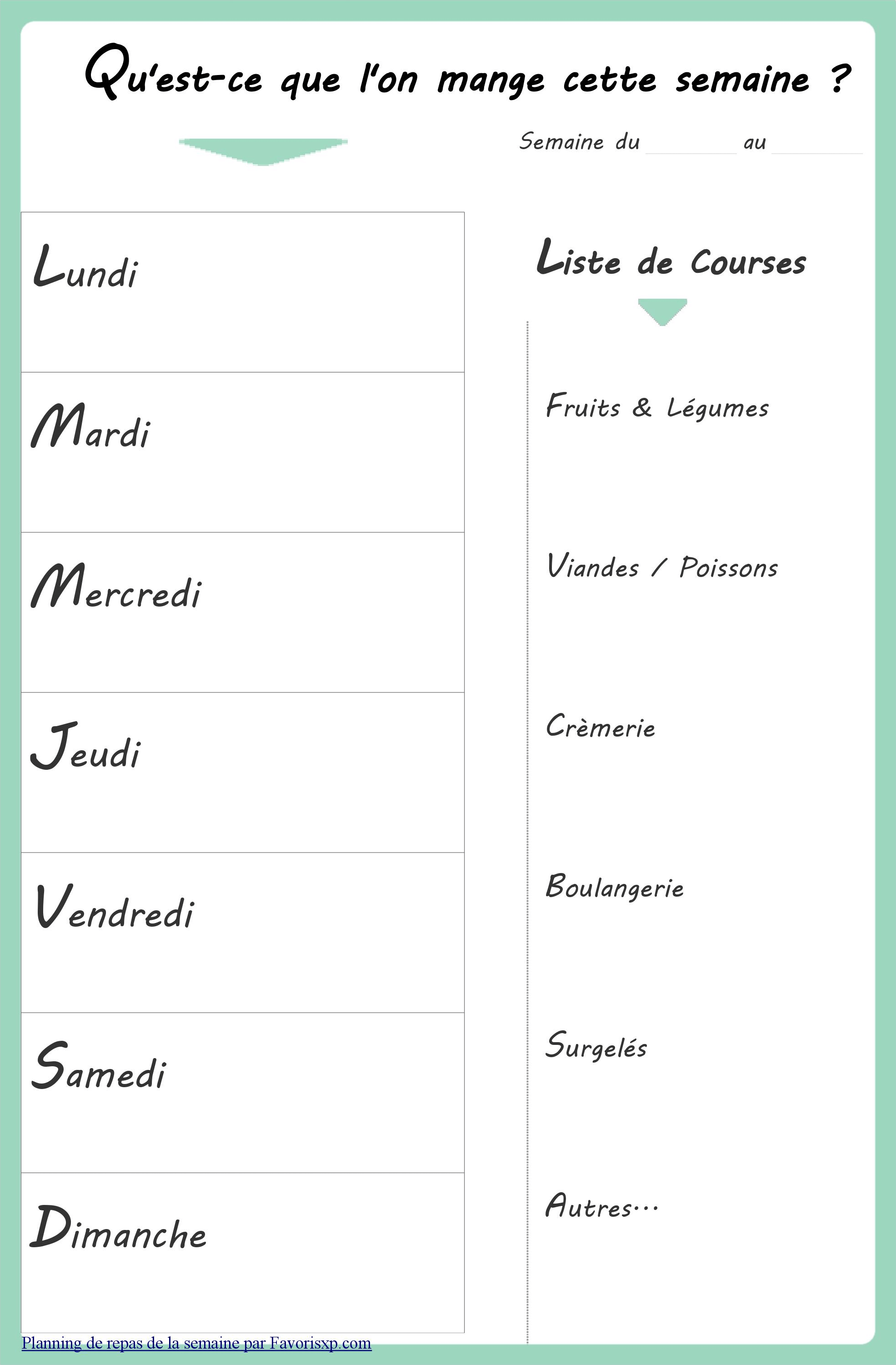 Planning vierge menu de la semaine