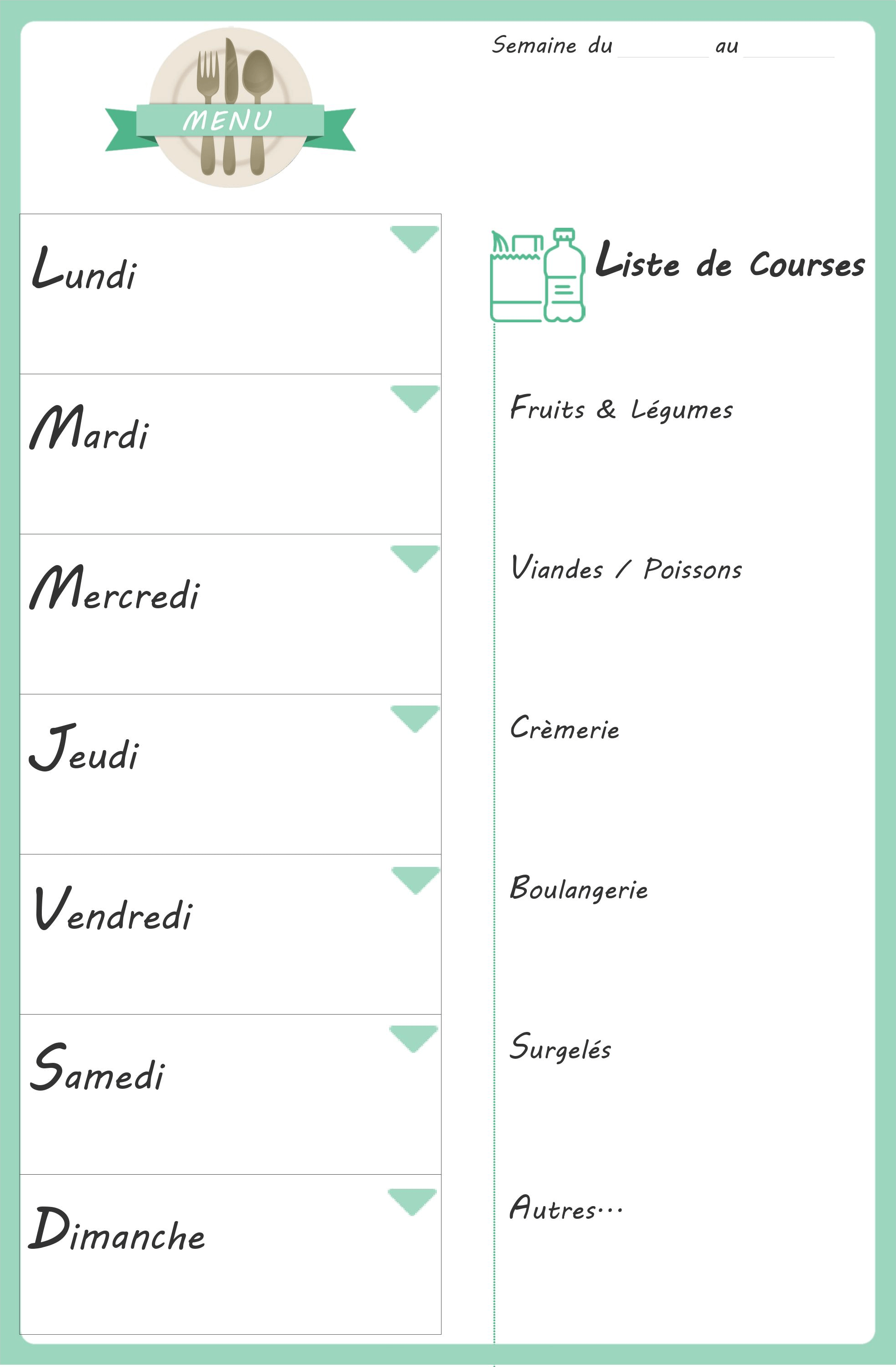 Planning menus de la semaine + idées repas + liste de courses à