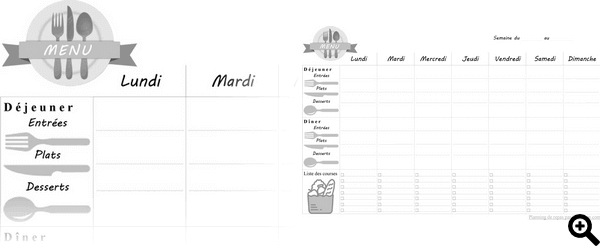 Menu vierge à imprimer gratuitement en noir et blanc · planning des repas PDF