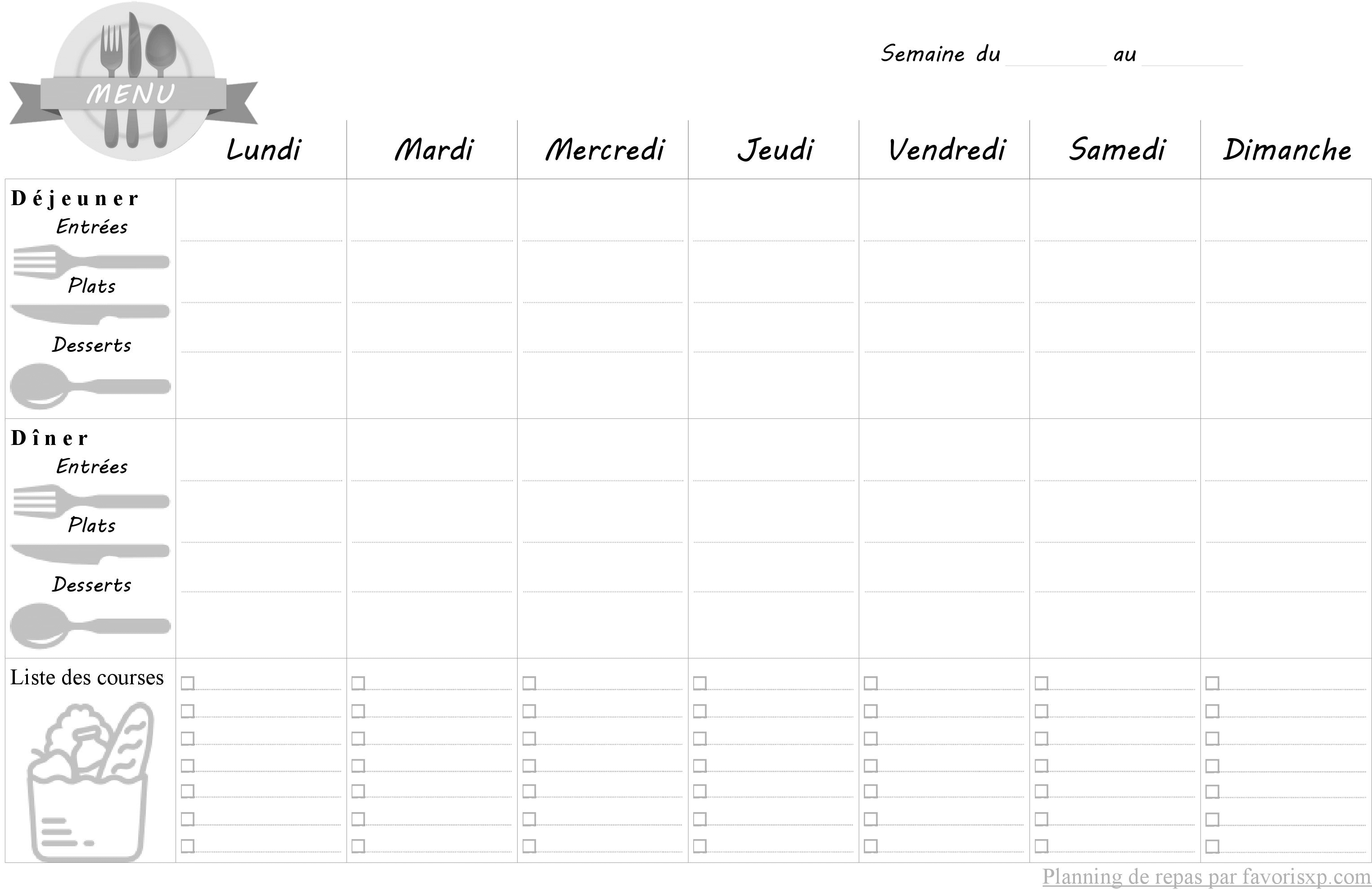 Menus de la semaine à imprimer - Modèles de planning PDF