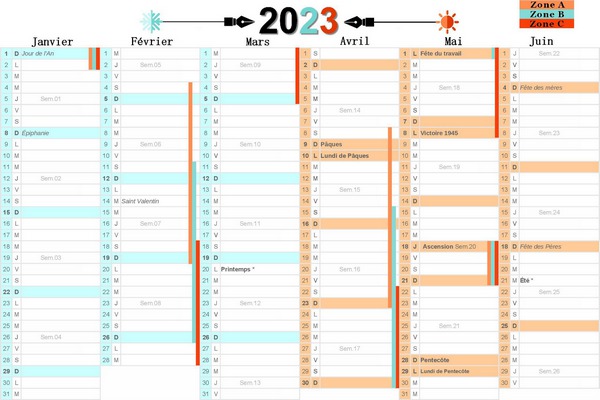 2023 CALENDRIER À IMPRIMER - CALENDRIER AVEC VACANCES SCOLAIRES DU 1ER SEMESTRE AU FORMAT A4.