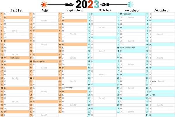 2023 CALENDRIER À IMPRIMER - CALENDRIER AVEC JOURS FERIES DU 2ÈME SEMESTRE AU FORMAT A4.