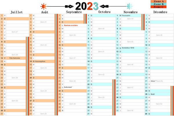2023 CALENDRIER À IMPRIMER - CALENDRIER AVEC VACANCES SCOLAIRES DU 2ÈME SEMESTRE AU FORMAT A4.