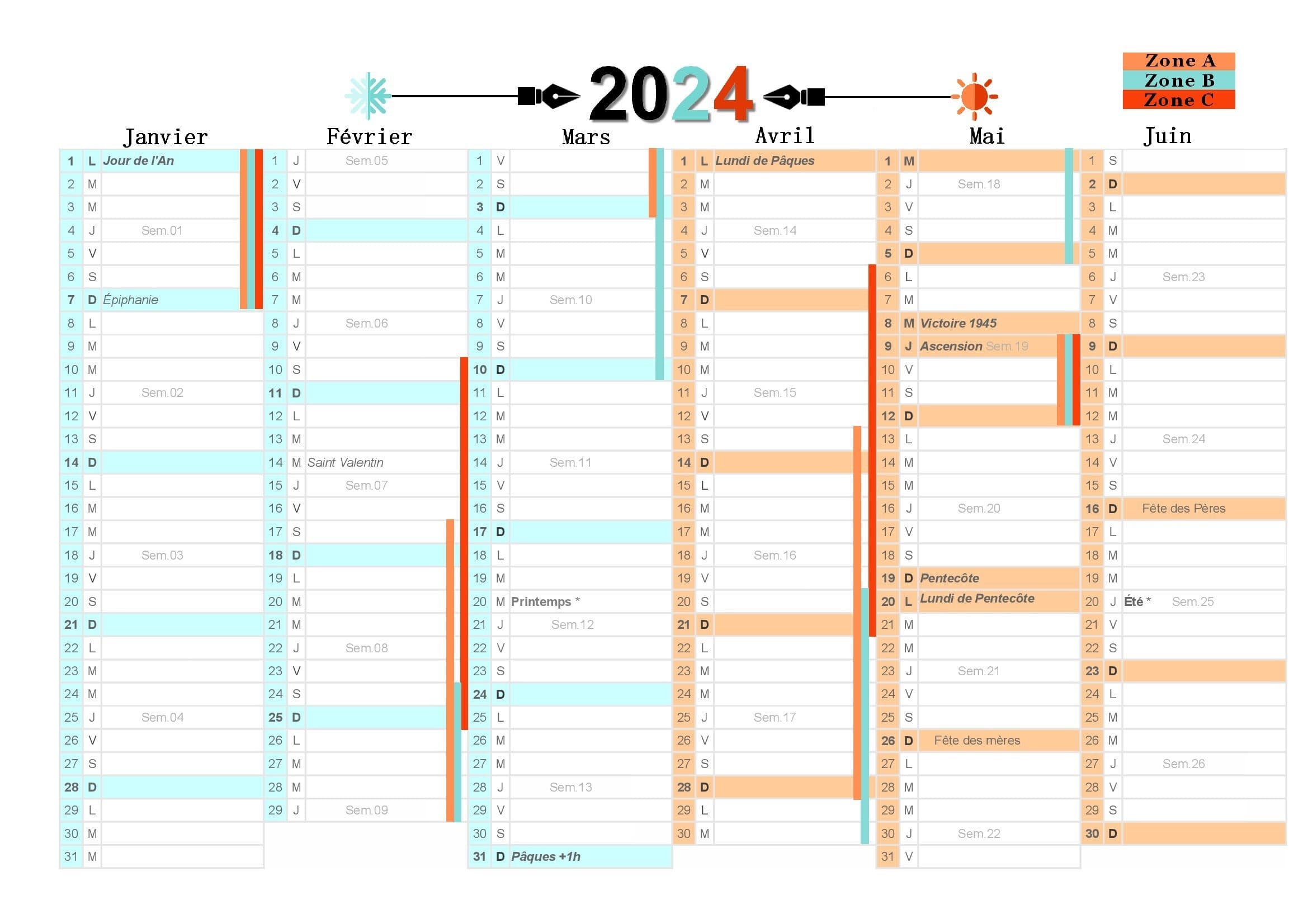 Calendrier 2024 à imprimer avec les Vacances scolaires