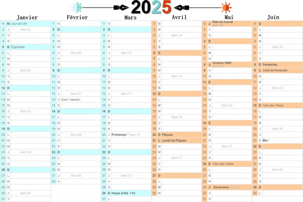 1er semestre avec jours fériés à imprimer.