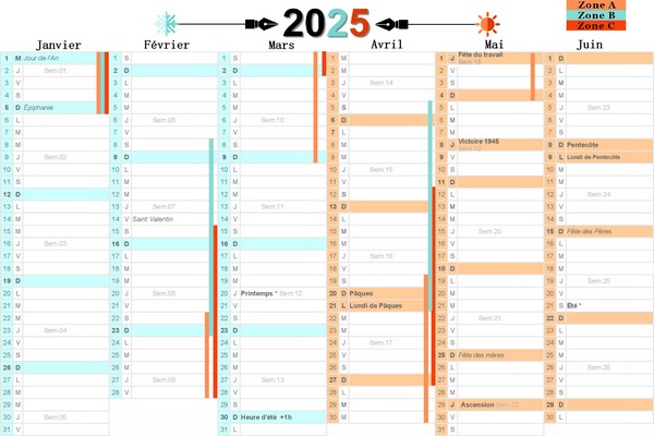 1er semestre à imprimer avec vacances scolaires.