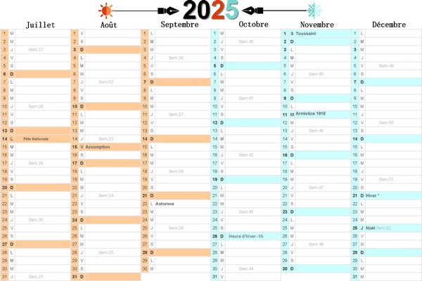 2ème semestre 2025 avec jours fériés à imprimer.
