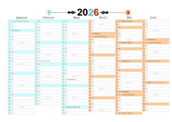 1er semestre 2026 avec jours fériés à imprimer