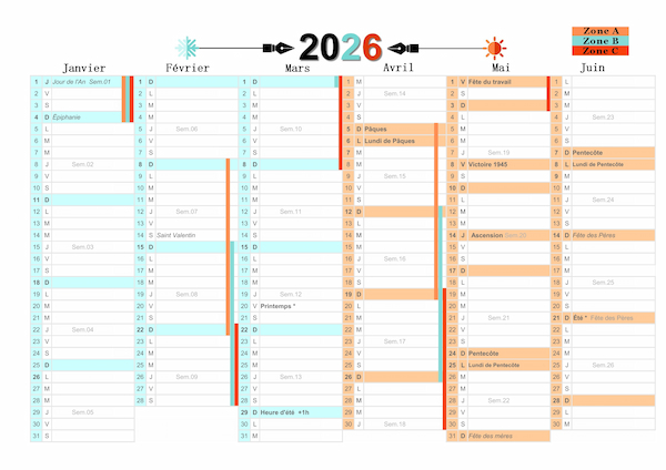 1er semestre 2026 à imprimer avec vacances scolaires