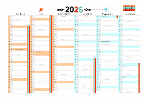 2ème semestre 2026 à imprimer avec vacances scolaires