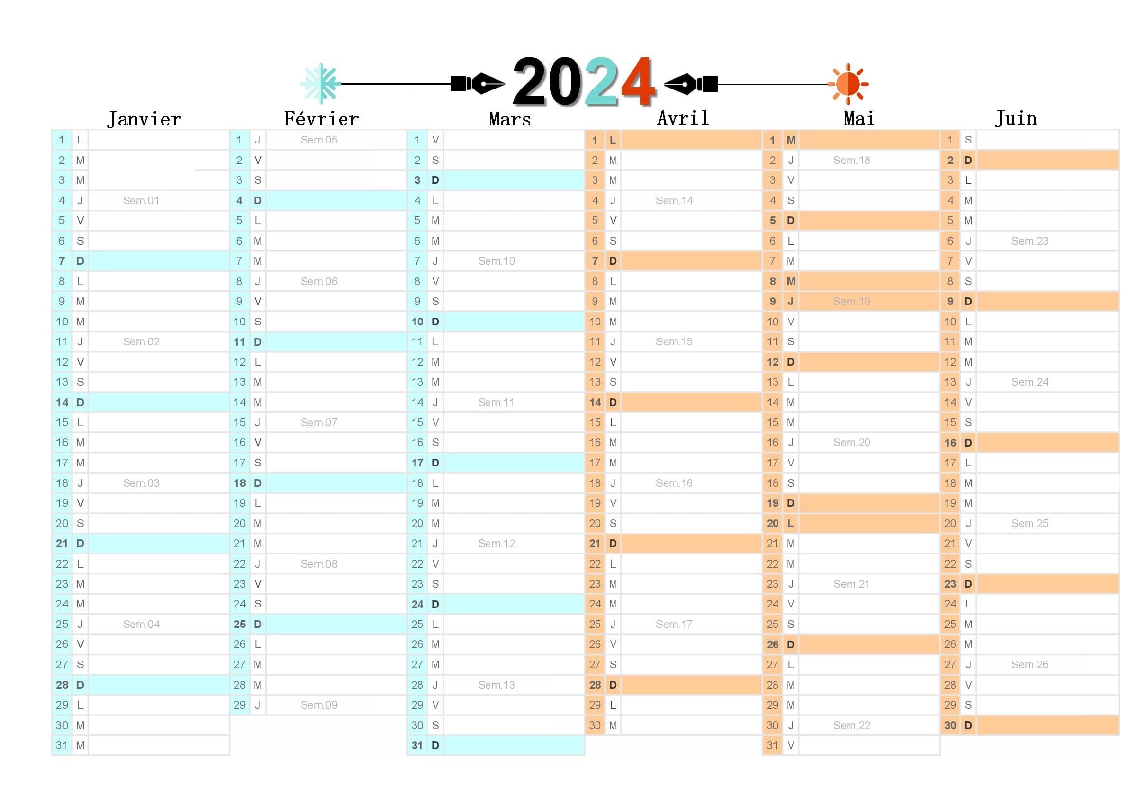 Calendrier semestriel 2024 à imprimer pour le 1er et le 2ème