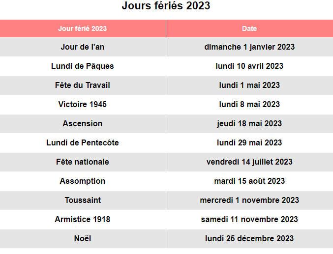 Les jours fériés 2023 français