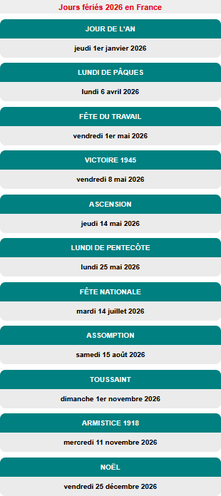 Dates des jours fériés 2026 (français).