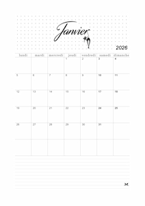 Calendrier de janvier 2026 à imprimer