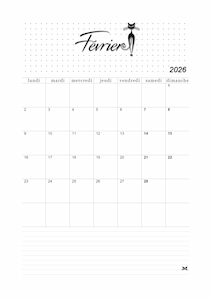 Calendrier de février 2026 à imprimer