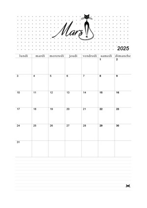 01. Calendrier de mars 2025 à imprimer !