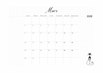 Calendrier de mars 2026 imprimable