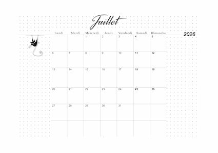 Calendrier de juillet 2026 imprimable