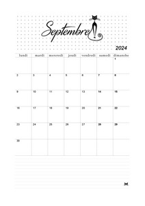 Calendrier du mois de septembre 2024 à imprimer au format A4 portrait !