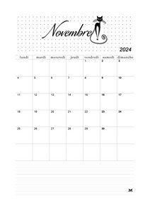Calendrier du mois de novembre 2024 à imprimer au format A4 portrait !
