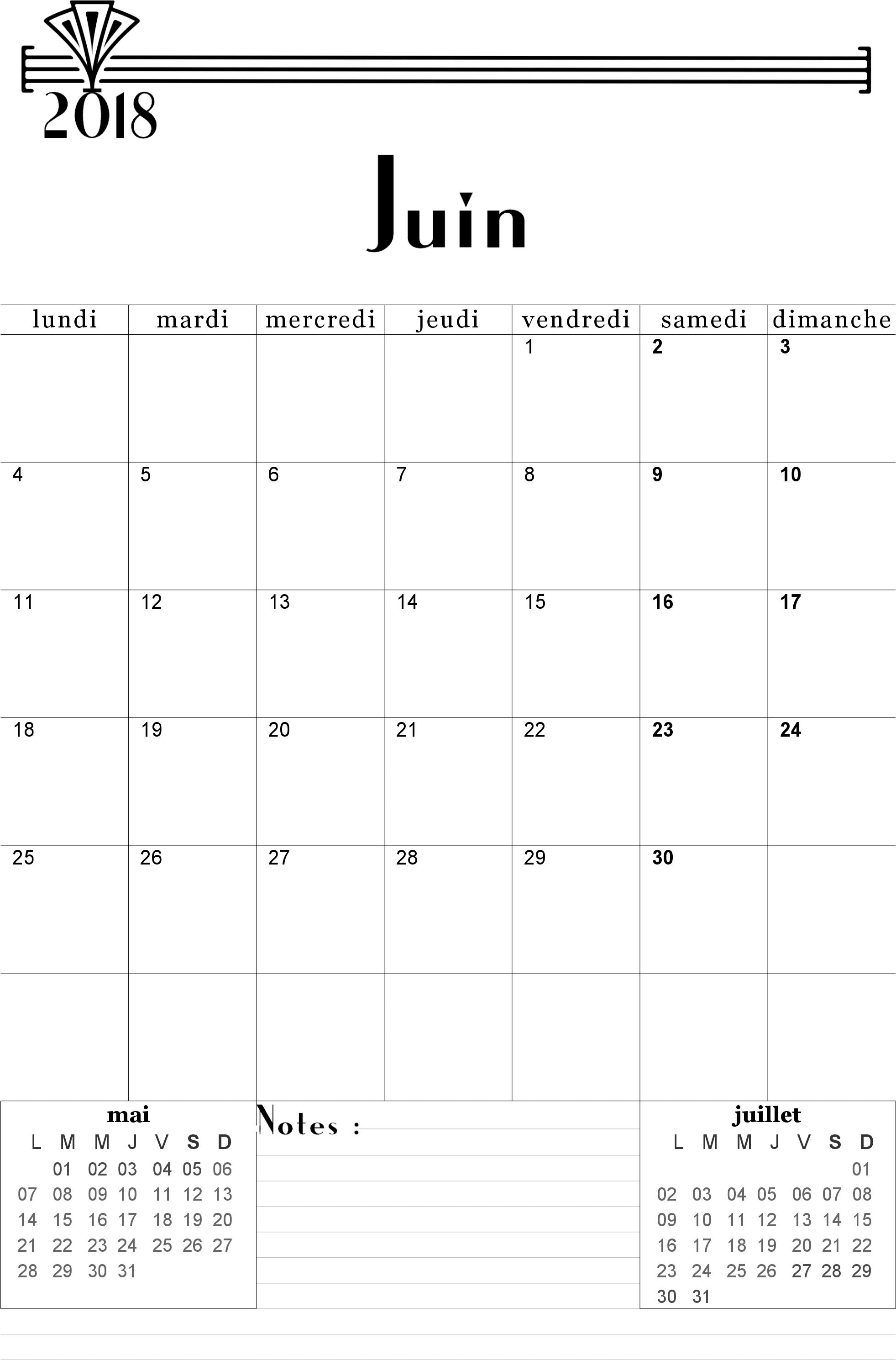 modele calendrier juin 2018