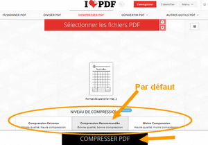 Interface ilovepdf choix qualité de compression du PDF maximum, moyen, minimum.