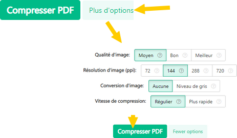 Interface Sejda choix qualité du PDF maximum, moyen, minimum.