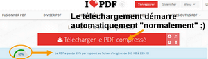 Interface ilovepdf téléchargement et taux de compression du fichier PDF compressé.