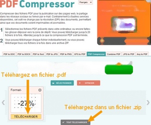 Interface PDFCompressor téléchargement du PDF compressé ou en fichier .zip.