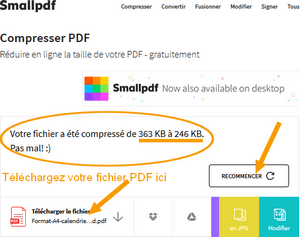 Interface Smallpdf téléchargement du PDF compressé et recommencer.
