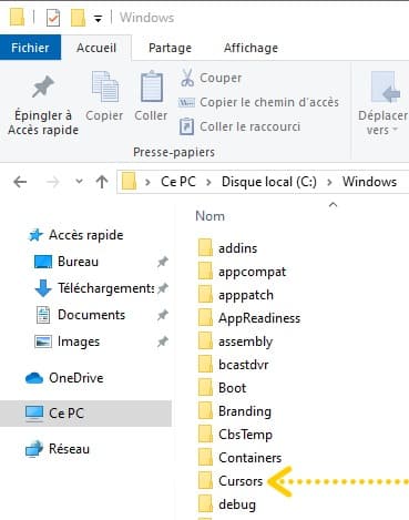 Installer de nouveaux curseurs de souris : cliquez sur le dossier Cursors