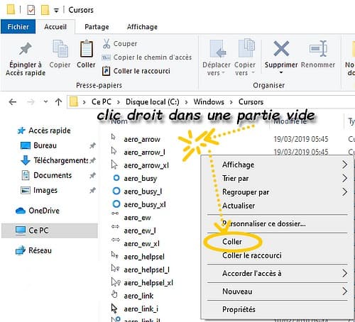 Installer de nouveaux curseurs de souris : collez votre dossier de pointeurs