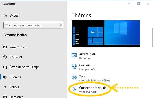 Changer le pointeur de souris : Paramètres de personnalisation, cliquez sur Curseur de la souris