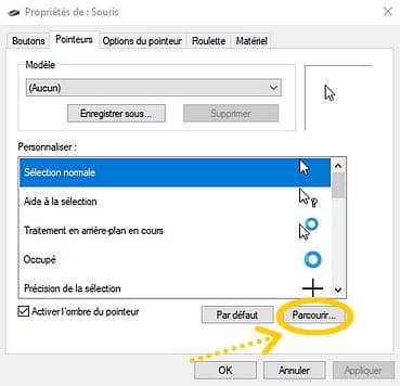 Changer le pointeur de souris : Ppropriétés de souris, cliquez sur Parcourir