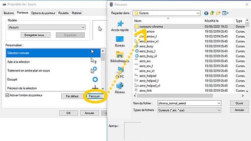 Changer le pointeur de souris : Propriétés de souris, Parcourir, cliquez sur le dossier de vos pointeurs de souris
