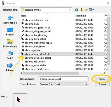 Changer le pointeur de souris : Propriétés de souris, Parcourir, choisir le pointeur de la souris, cliquer sur ouvrir