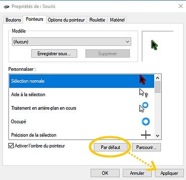 Changer le pointeur de souris : Propriétés de souris, Remettre les pointeurs de souris par défaut de Windows