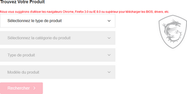 Choix produits : ordinateur portable, ordinateur de bureau, carte mère, carte graphique, ou moniteur Gaming.